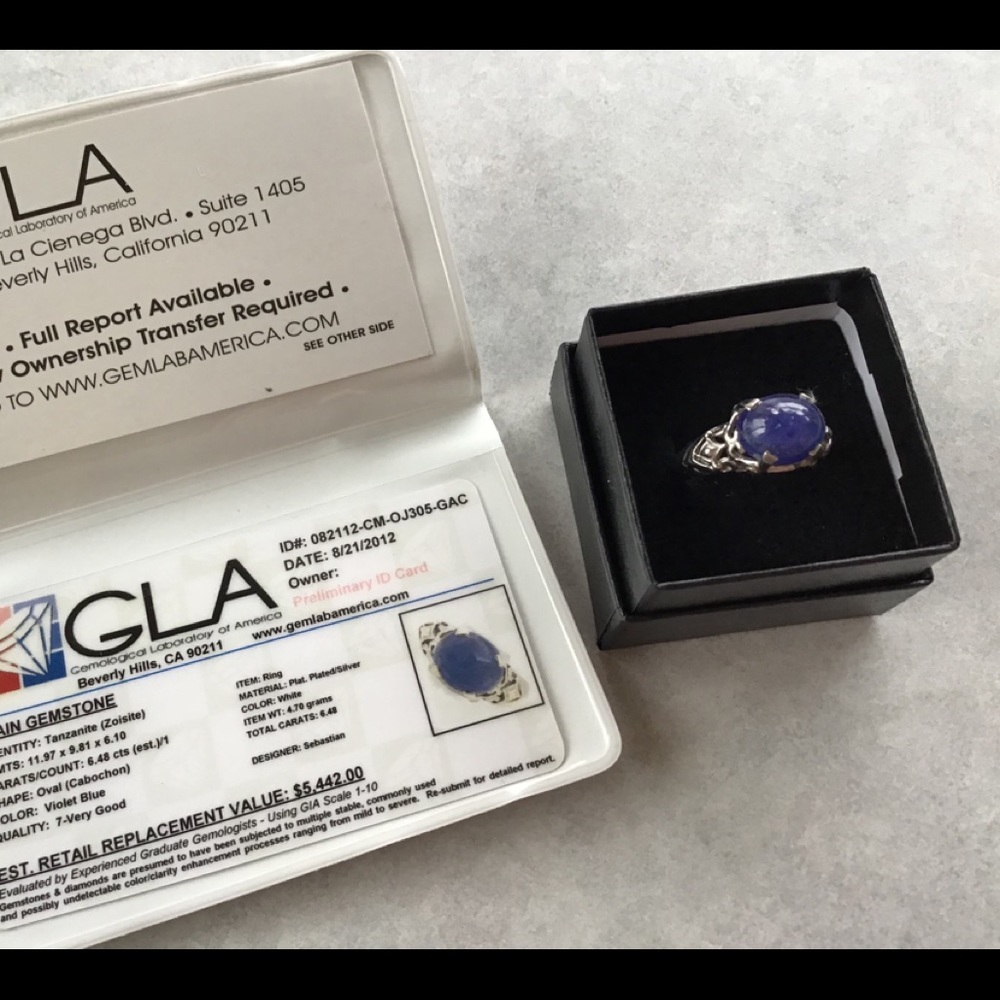 TANZANITE 6.48 CT PLATINUM VIOLET BLUE GLA CERTIFIED RING SZ 8